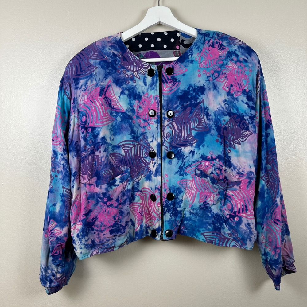 Unbranded Women's XL Reversible Jacket Blue Pink Tie Dye Fish Abstract Cropped